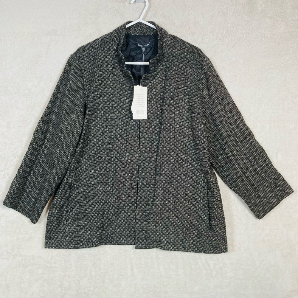Eileen Fisher Blazerโ Women L Black Wool Blend Open Front Jacket Italian NEW